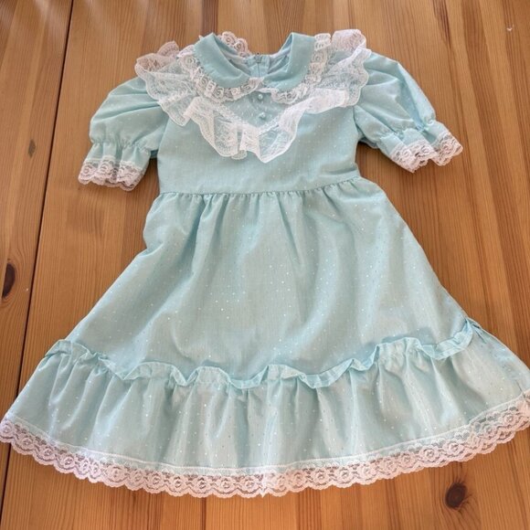 Vintage Girl's Dress Blue Tiered Ruffle Victorian Style Lace 3T - Picture 1 of 5